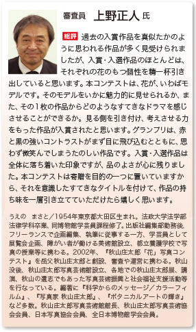 審査員　上野正人 氏
総評　全体としては、過去の入賞作品や世の中の流行の撮り方に影響を受けた作品が見受けられました。グランプリ・特選という上位に入る作品は、花の持つ魅力を丁寧に、かつ精一杯引き出している印象を受けます。本コンテストは、花が、いわば“モデル”です。“モデル”をいかに美しく、可愛らしく見せられるか。また、その一枚の作品から、どんなドラマを感じさせることができるか。見る側を引きつけ、考えさせることができる作品が上位に入ってきているなと感じました。グランプリ作品は、赤と黒の強いコントラストの中にも品の良さを感じさせる楽しい作品です。今回は落ち着いた作品が多い印象ですが、中でも品の良さを感じさせる10点が上位に並びました。
うえの　まさと／１９５４年東京都大田区に生まれる。法政大学法学部法律学科卒業、同文学部博物館学芸員課程修了。出版社編集部勤務後、フリーエディターとして企画編集、取材、執筆に従事する一方、学芸員として展覧会の企画、障がい者が働ける美術館設立、養護学校で写真の授業等に携わる。２００２年、『第１回秋山庄太郎「花」写真コンテスト』を岳父秋山庄太郎らと創設し、審査や運営に携わってきた。秋山没後、秋山庄太郎写真芸術館の設立と運営、各地での秋山庄太郎展や講演、秋山の遺志でもあった写真芸術と社会福祉の支援活動等を行なっている。編著に『科学からのメッセージ／カラーフィルム』、『写真家 秋山庄太郎』、『ボタニカルアートの輝き』など多数。秋山庄太郎写真芸術館館長、株式会社秋山庄太郎事務所代表取締役、秋山庄太郎写真芸術協会会員、日本写真協会会員、全日本博物館学会会員。 