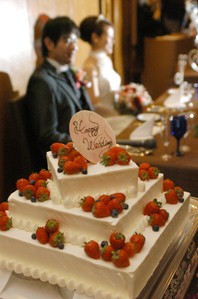 (3)ケーキの後ボケに新郎新婦を入れる