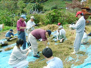 蕎麦束を扱く人