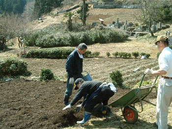 堆肥を敷く作業