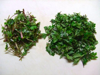 ゴミを取り、葉脈と葉の部分とに分けます