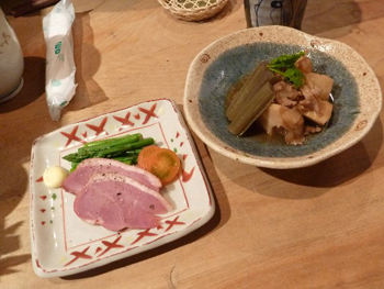 鴨肉の薫製と筍と馬鈴薯・蕗の煮付け