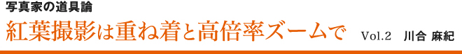 写真家の道具論 紅葉撮影は重ね着と高倍率ズームで Vol.2　川合麻紀