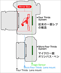 「従来の一眼レフ」と「マイクロ一眼」の構造比較