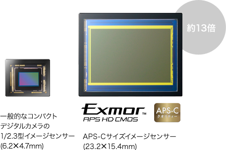 一般的なコンパクトデジタルカメラの約13倍の大きさ